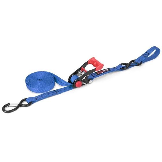 1 Inch x 10 Foot Ratchet Tie Down w Snap S Hooks and Soft Tie Blue 1