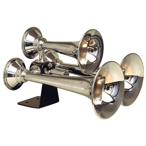 Chrome Plated Spun Copper Triple Train Horn W Triangular Mount And 12in Heavy Duty Valve Upgrade 1