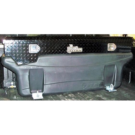 Compact Locking BLACK Aluminum Diamond Plate toolbox secures two compartments (9901180) 1