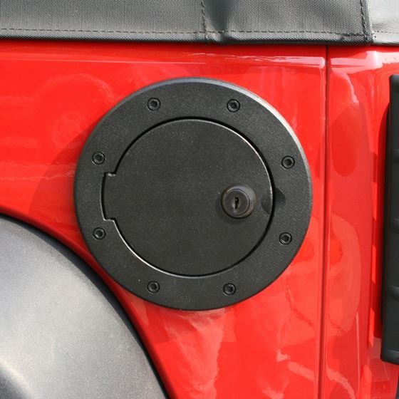 Locking Gas Cap Door Black Aluminum; 07-16 Jeep Wrangler JK